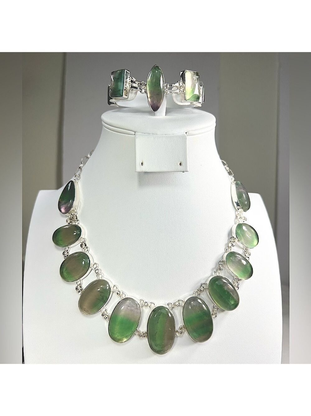 Fluorite Large 925 Gemstone Necklace & Bracelet Sst